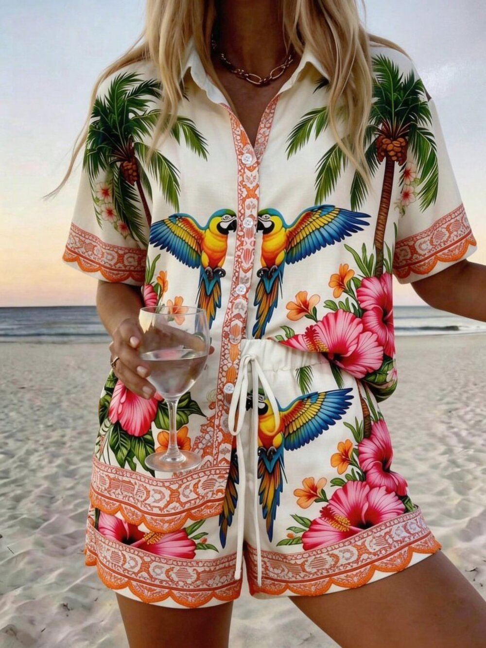 Multicolor Boho Women's Palm Tree Print Short Sleeve Shirt & Shorts Set